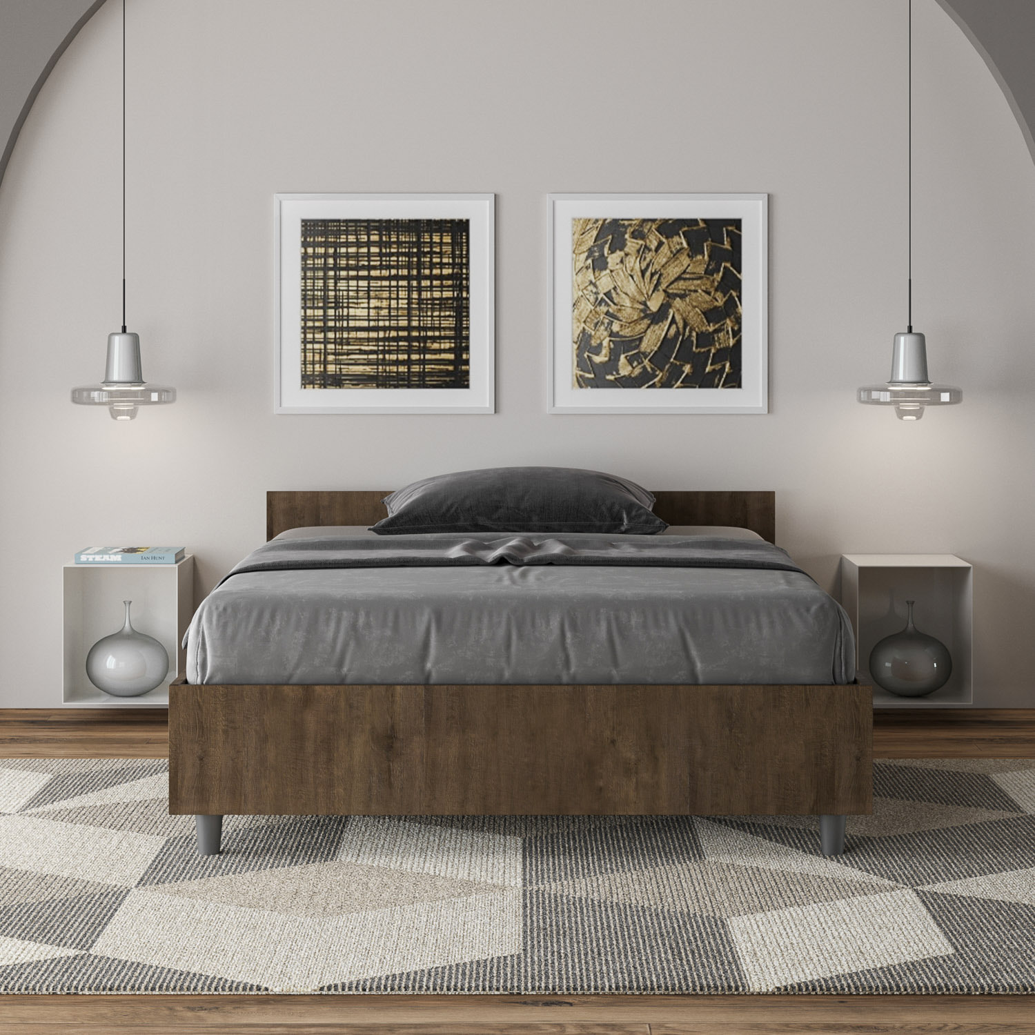 Cama de una plaza y medio con almacenaje 120x200 nogal Nuamo