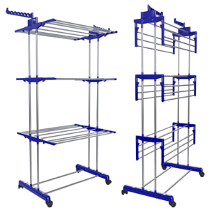 Stendibiancheria A Rotelle Stendino A Torre Verticale In Acciaio E ABS 4 Piani Pieghevole Salvaspazio Con Ali Richiudibile Biancheria Interno Blu