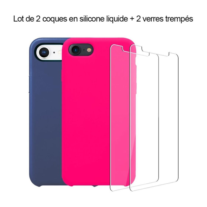 Lot 2 Coques iPhone 7/8 silicone liquide Bleu Foncé et Rose Fushia + 2 vitres en verre trempé de protection