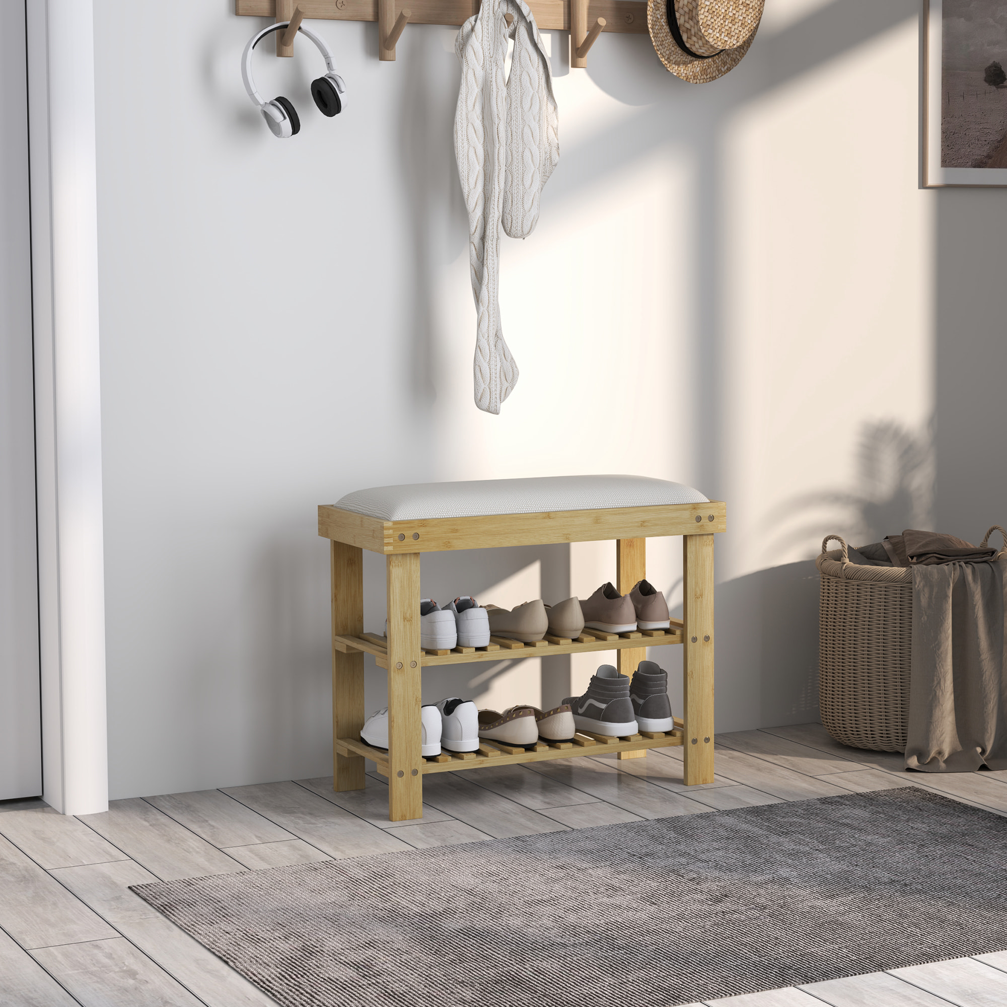 Banc à chaussures style scandinave 3 niveaux bambou bois naturel blanc cassé