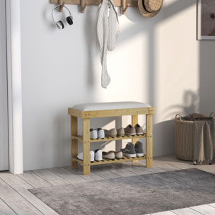 Banc à chaussures style scandinave 3 niveaux bambou bois naturel blanc cassé