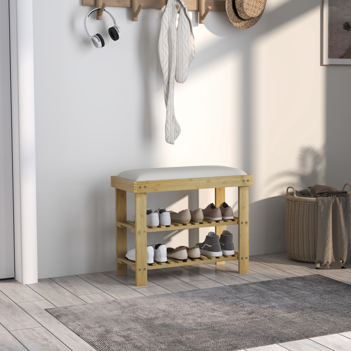 Banc à chaussures style scandinave 3 niveaux bambou bois naturel blanc cassé