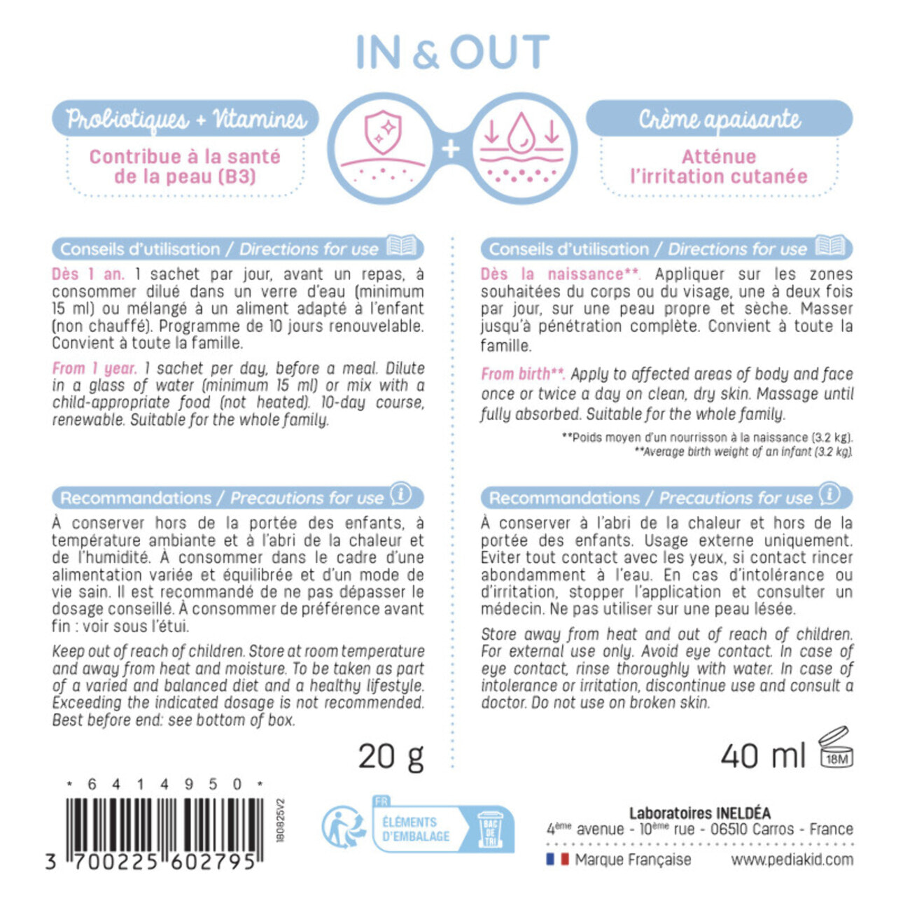 PEDIAKID - P'tit Eczederm Duo - Duo complet IN & OUT - Complément alimentaire probiotiques & crème apaisante naturelle - Peau sensible & sèche -  21 sachets + 1 tube - Lot de 3