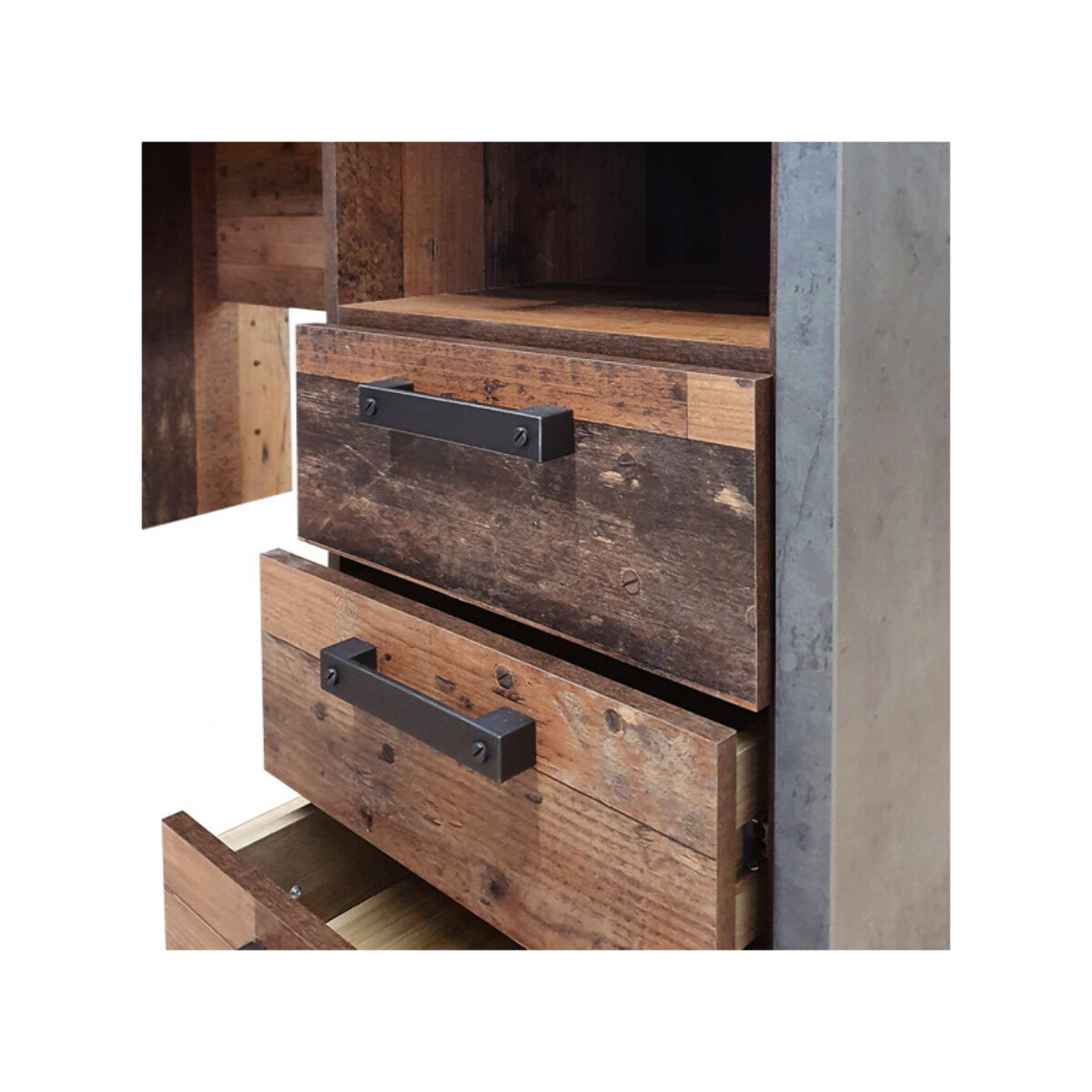 Bureau industriel 160 cm bois vieilli et béton gris avec rangements - FRED