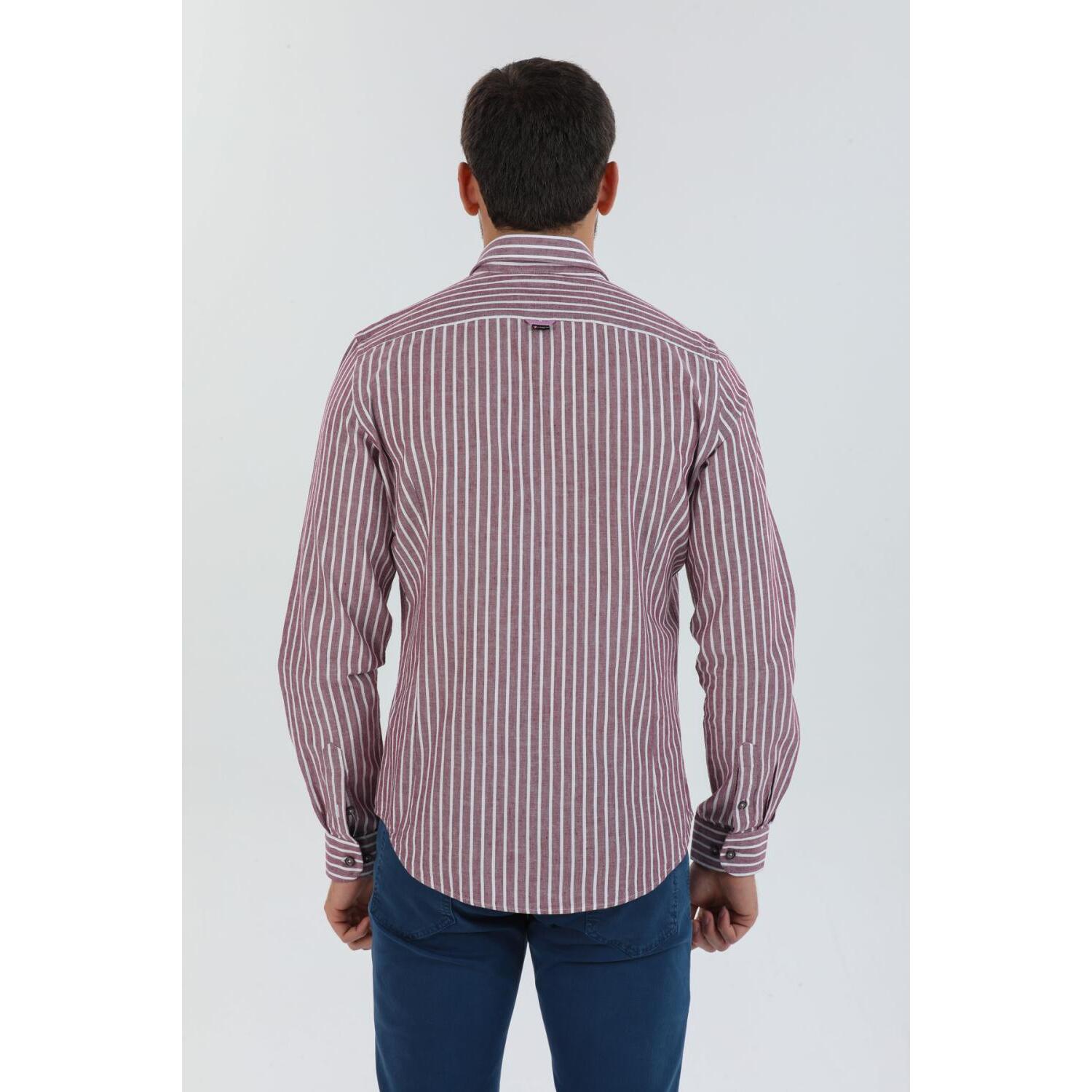 camicia uomo 1 bottone button down slim Lino Cotone Riga Media Bordeaux e Rosa