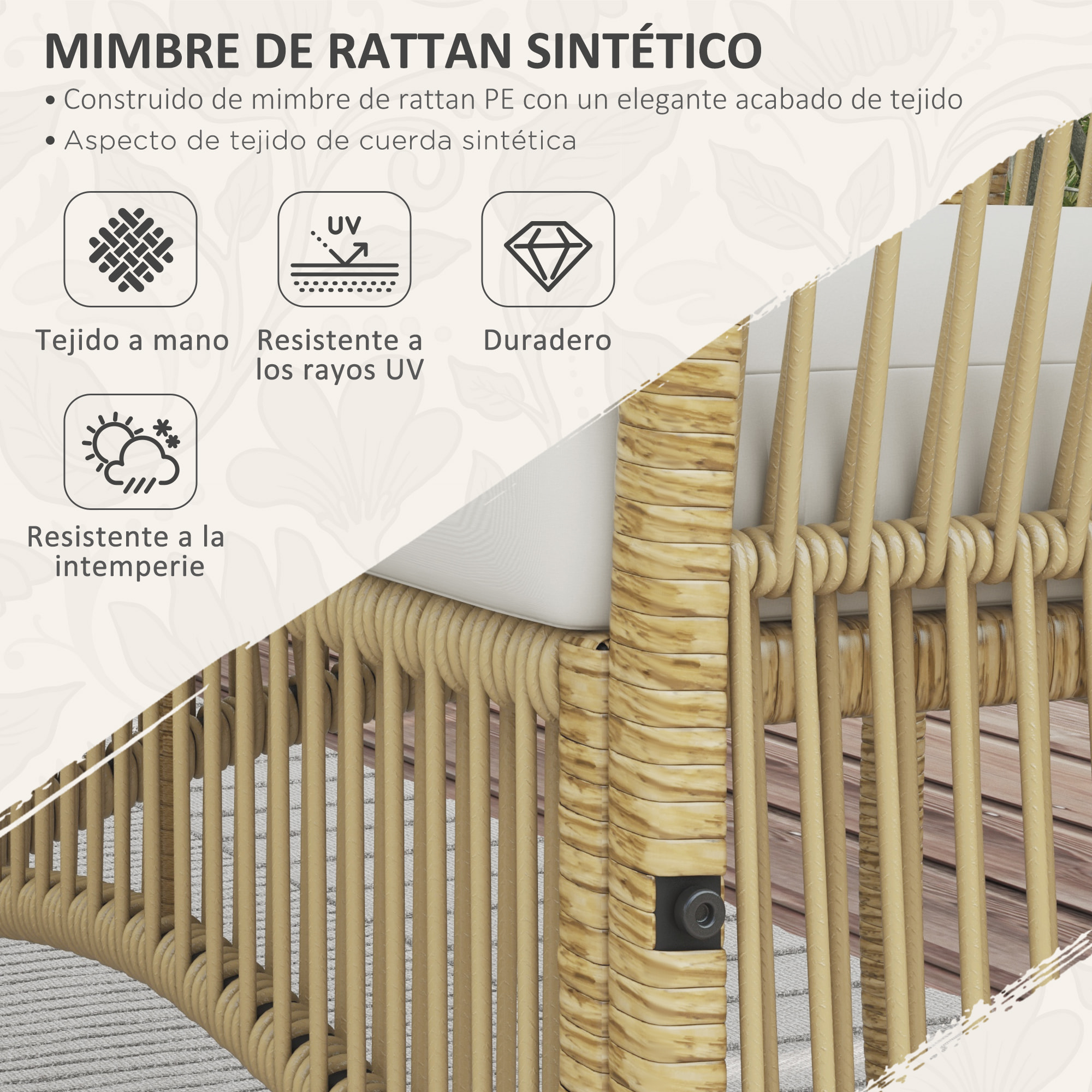 Conjunto Jardín Exterior de Ratán, Muebles Jardín Exterior para 4 Piezas, Muebles Terraza con 1 Sofá de 2 Plazas, 2 Sillones, Cojines y 1 Mesa de Tablero de Vidrio, para Patio Natural