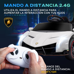 Coche Eléctrico Lamborghini para Niños de 3 a 6 Años Coche de Batería 12V Velocidad Max.7 km/h Puerta de Tijera con Control Remoto MP3 Luces y Cinturón de Seguridad 111x61x45 cm Blanco