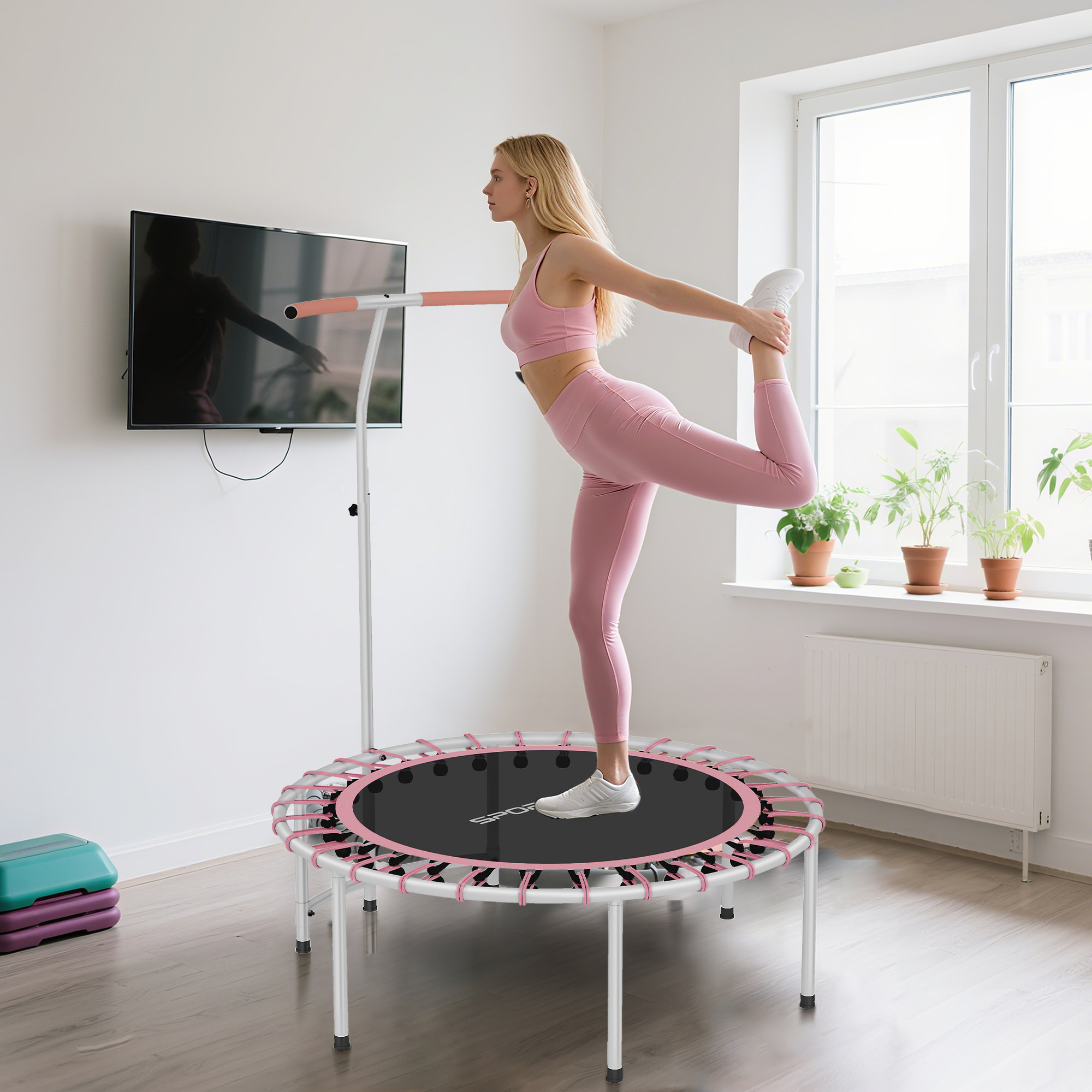 Trampolín de Fitness Adultos Ø102 cm, Mini Cama Elástica Fitness con Mango Ajustable de 5 Niveles, Marco de Acero, para Entrenamiento Piernas, Cuerpo en Hogar, Oficina, Gimnasio, Rosa