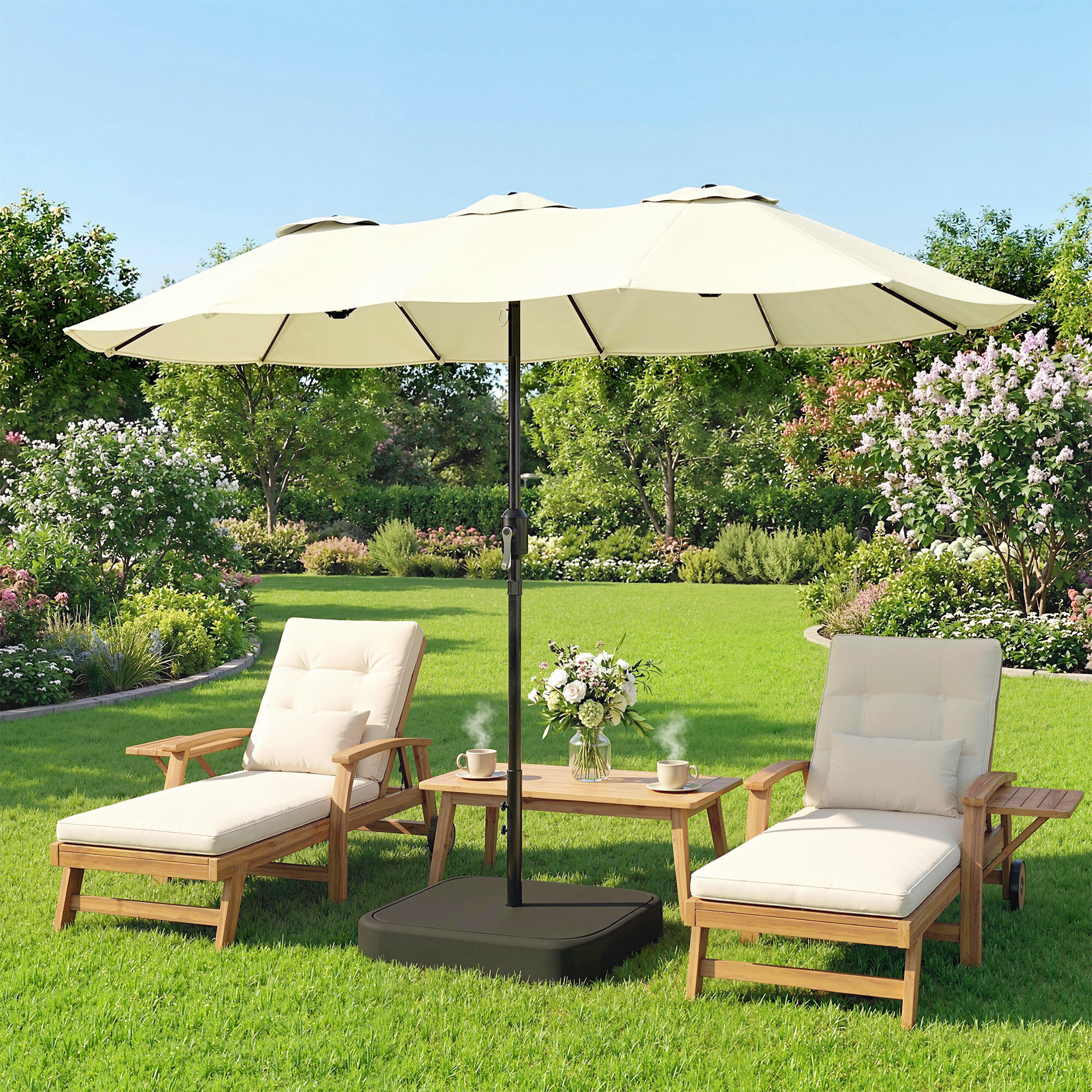 Parasol de jardin XXL dim. 295 x 148 cm base de lestage + 2 sacs inclus beige
