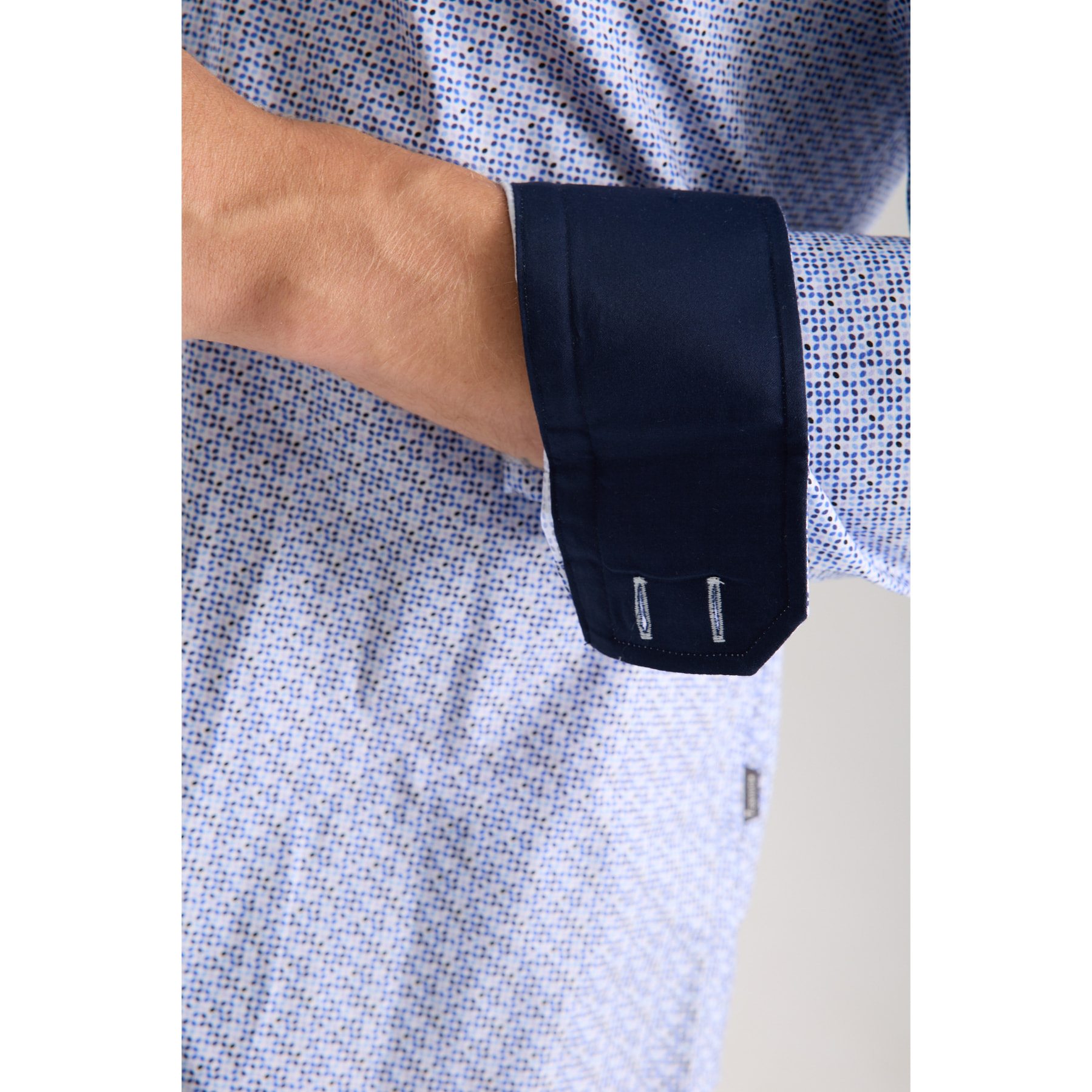 Camicia Uomo 2 Bottoni Button Down 7bottoni Doppio Coll Popeline Stretch Stampato Bianco/Celeste