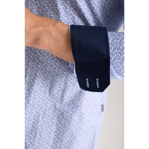 Camicia Uomo 2 Bottoni Button Down 7bottoni Doppio Coll Popeline Stretch Stampato Bianco/Celeste