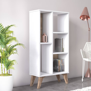 Libreria essenziale con cinque scomparti aperti di diverse misure, cm 55 x 25 x 106, colore bianco con dettaglio noce