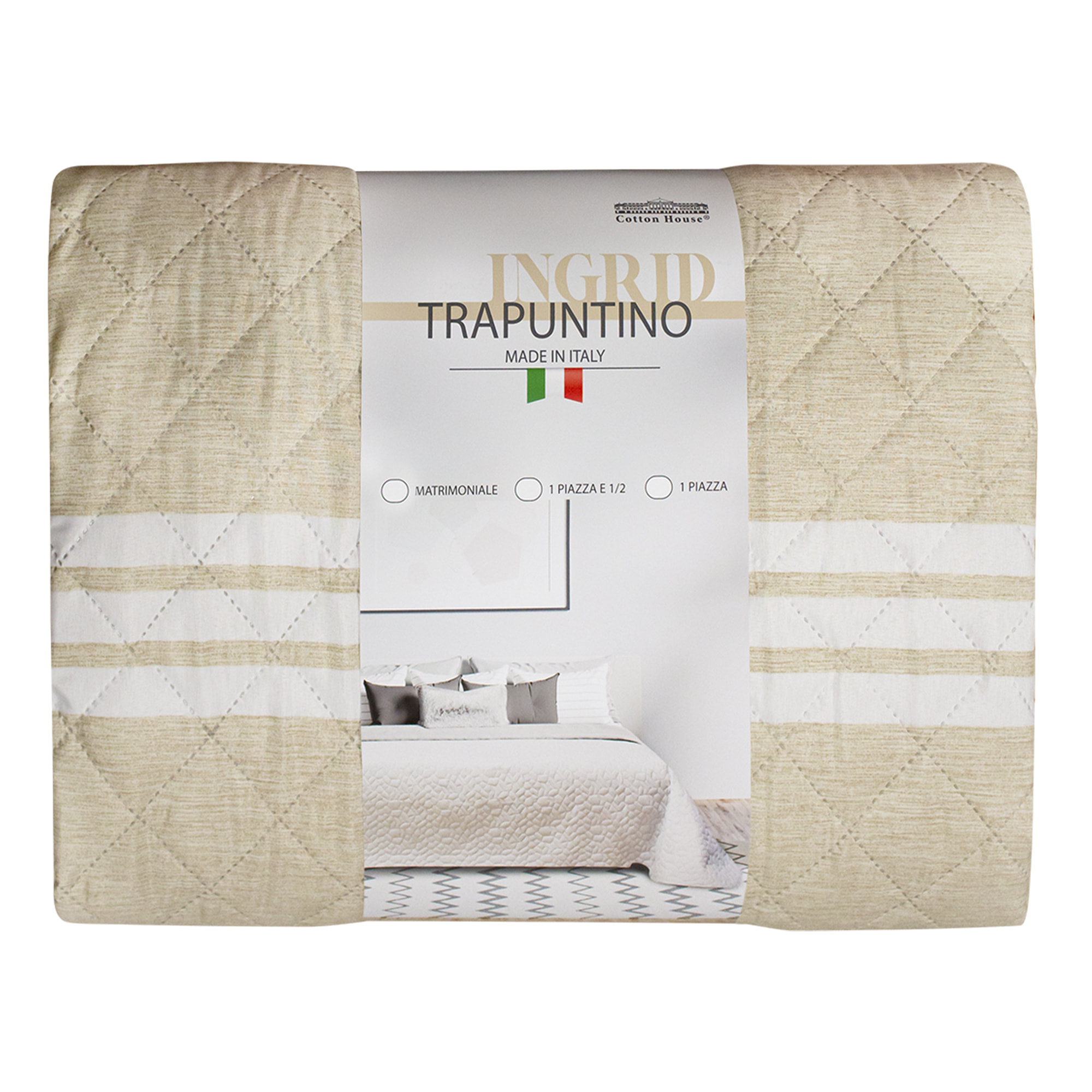 TRAPUNTINO MATRIMONIALE DIS.INGRID 3 STRIPES BEIGE MADE IN ITALY MEZZA STAGIONE