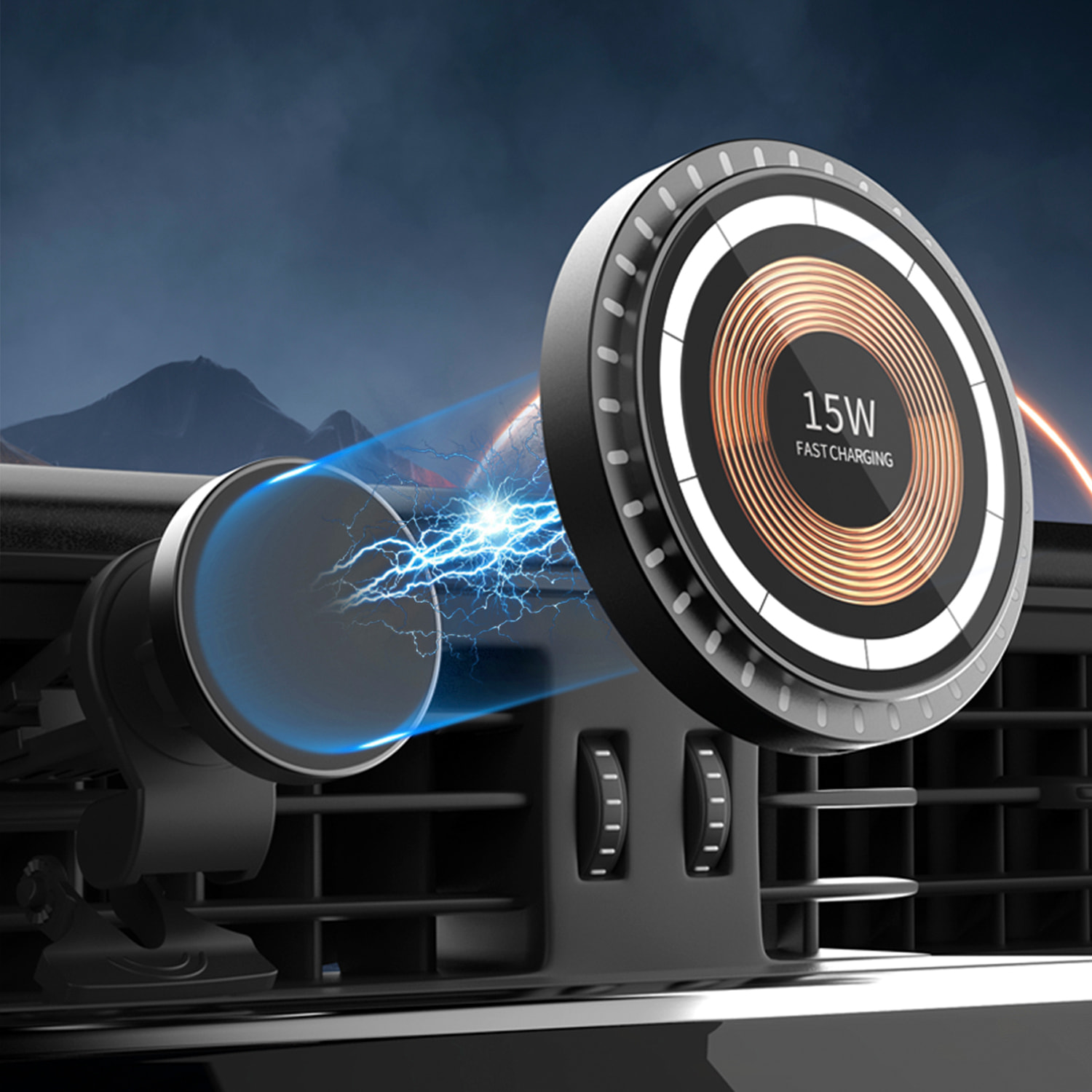 Caricatore per auto Magsafe da 15 W con luci LED ambientali. Per presa d'aria, rimovibile per utilizzo da tavolo.