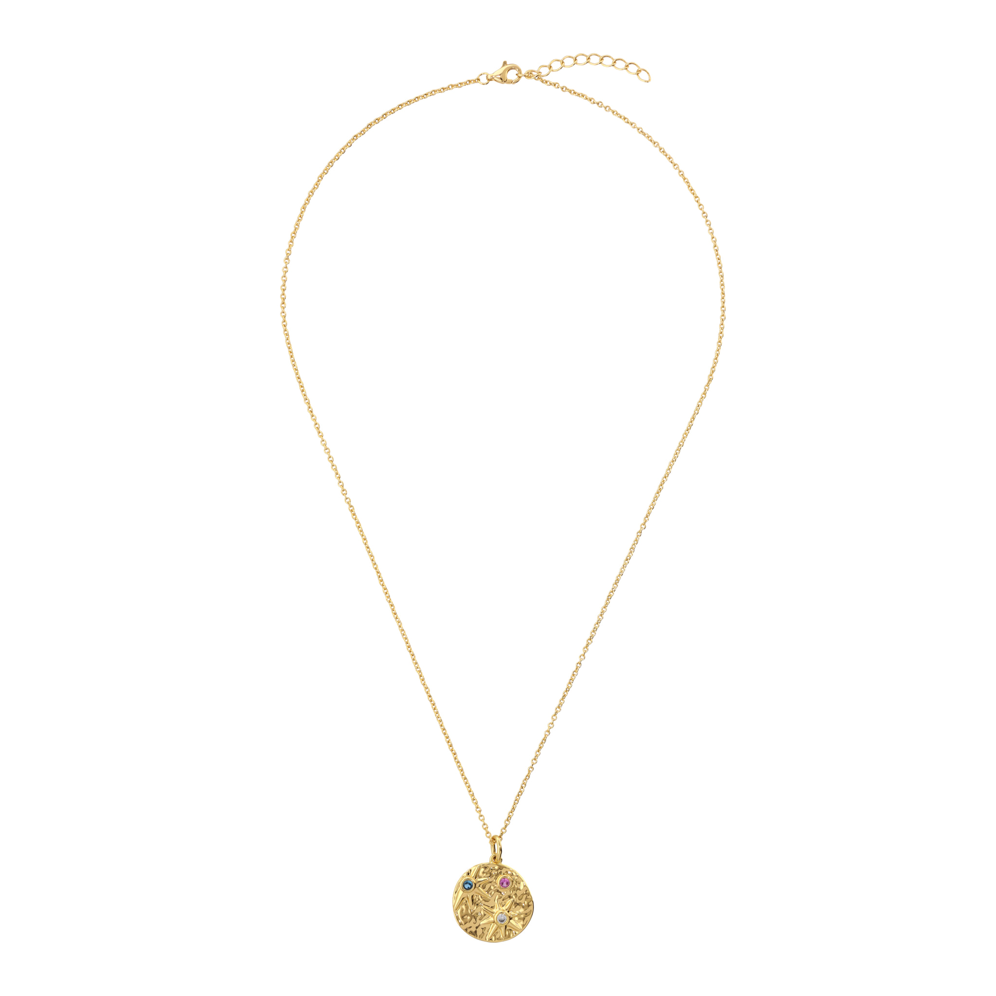 Collana Catena Rolo e Ciondolo Tondo con Stelle in Rilievo e Cubic Zirconia Colorate