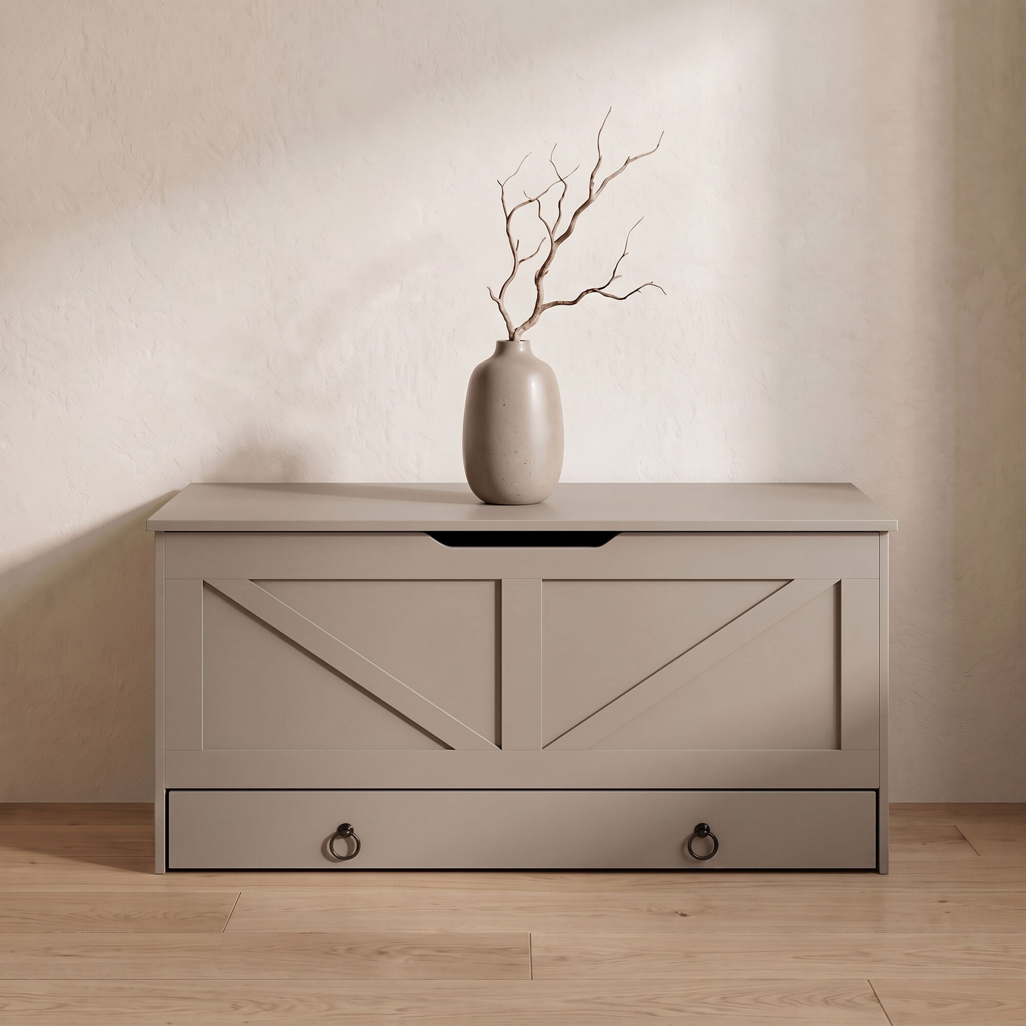 Kura - Cassapanca contenitore 100x50x40 cm Portaoggetti con Cerniere di Sicurezza e con Cassettiera in Legno Tortora