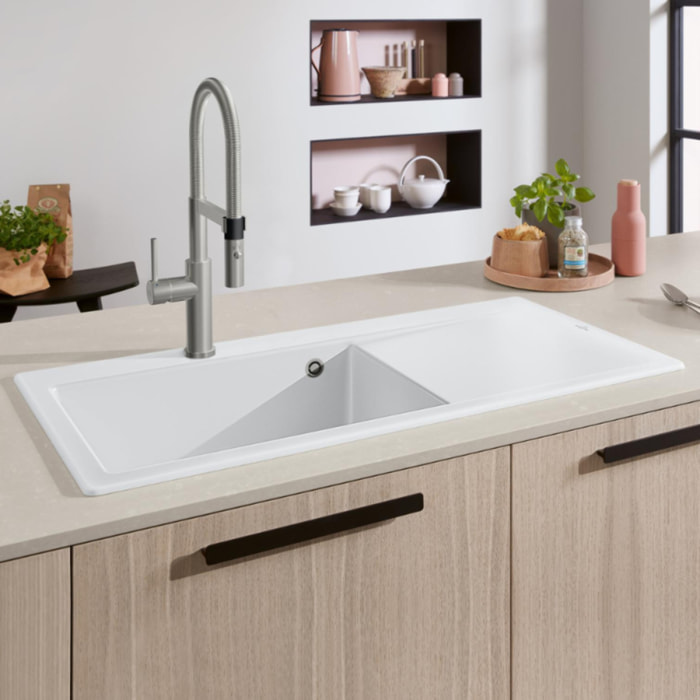 Evier a encastrer 1 bac Subway Style 60 egouttoir à droite vidage manuel Stone White CeramicPlus