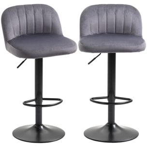Lot de 2 tabourets de bar design contemporain velours gris métal noir
