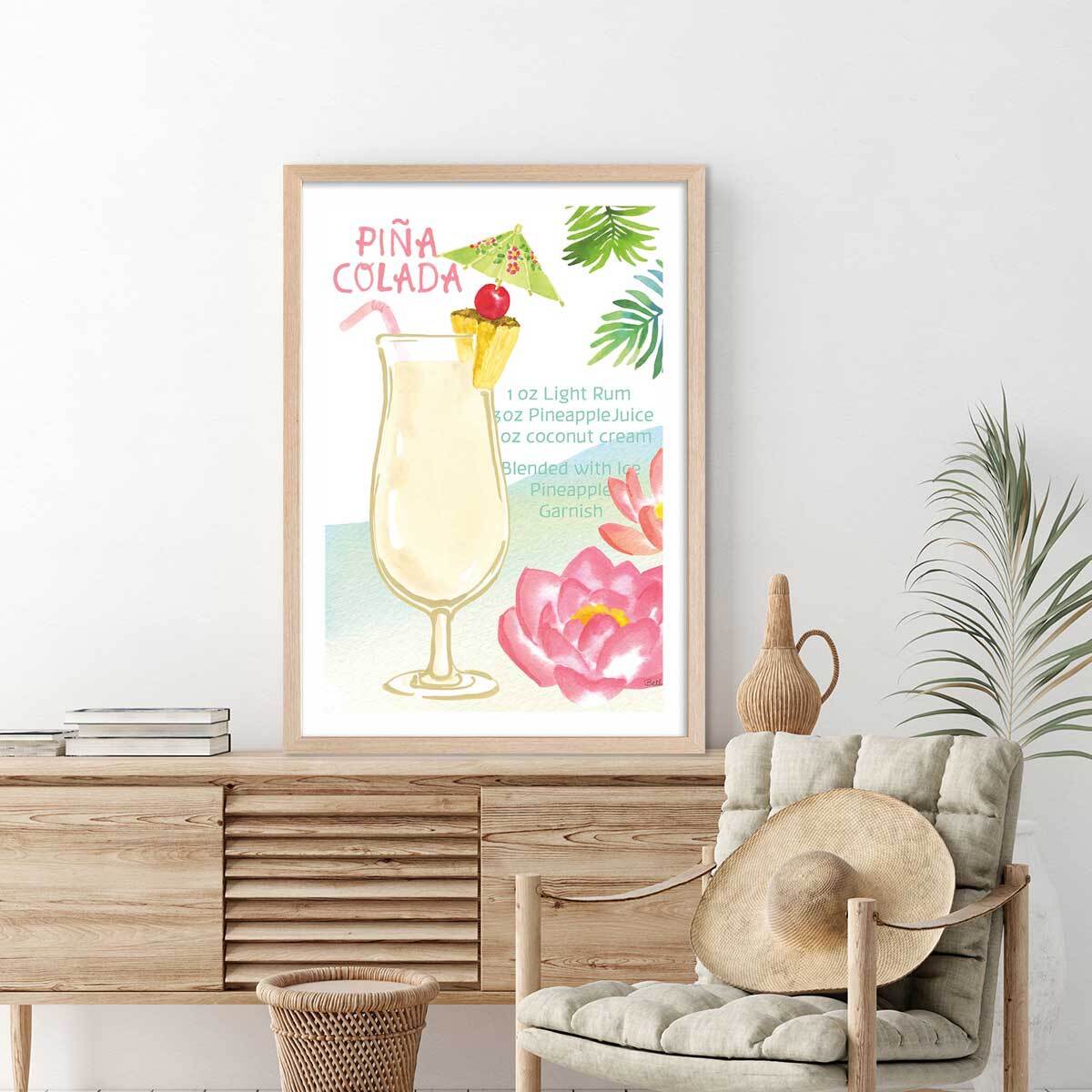 Affiche Pina colada en aquarelle Affiche + cadre en bois - Chêne