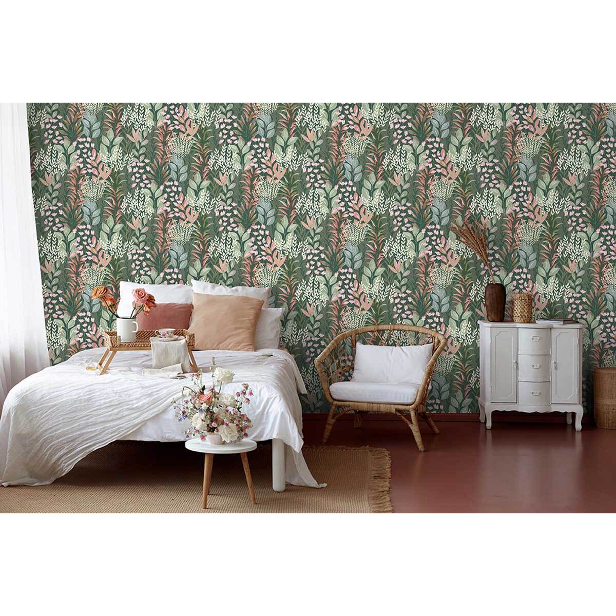 Papier peint feuillage aquarelle vert profond