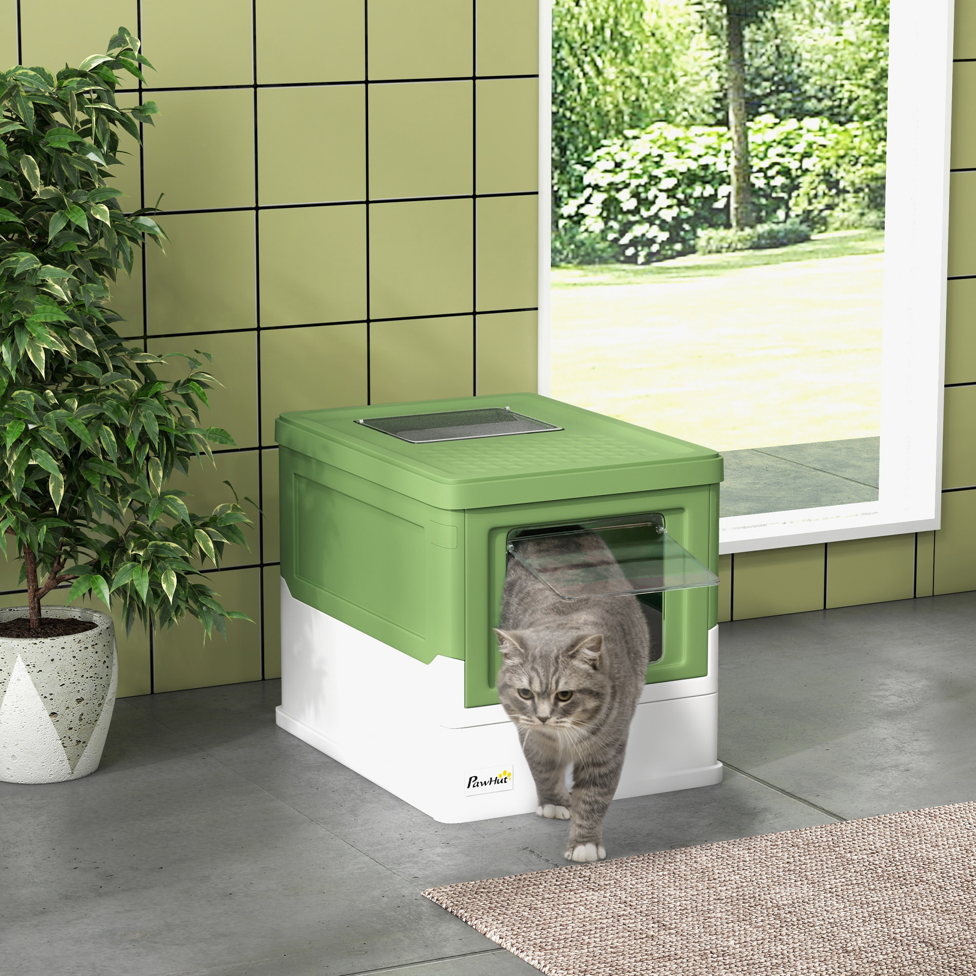 Arenero Cubierto para Gatos Bandeja Higiénica Desmontable con Entrada Frontal y Salida Superior con Pala Incluida para Gatos de hasta 5kg 47,5x35,5x36,7 cm Verde Aguacate y Blanco