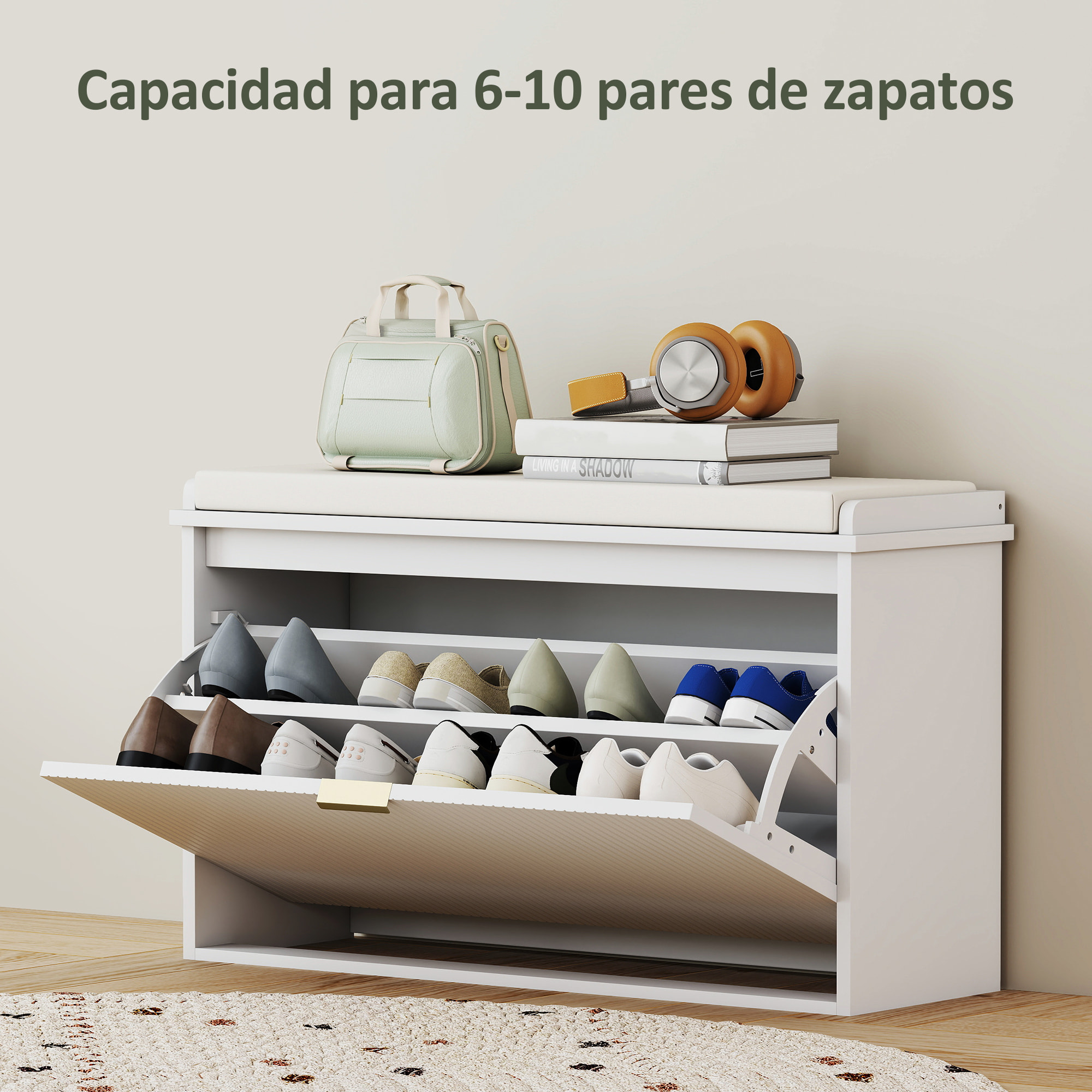Banco Zapatero Mueble Zapatero Estrecho Banco Recibidor con Asiento Acolchado Cajón Abatible y Panel de Tablillas para 8 Pares de Zapatos para Entrada Dormitorio 80x26x47,5 cm Blanco