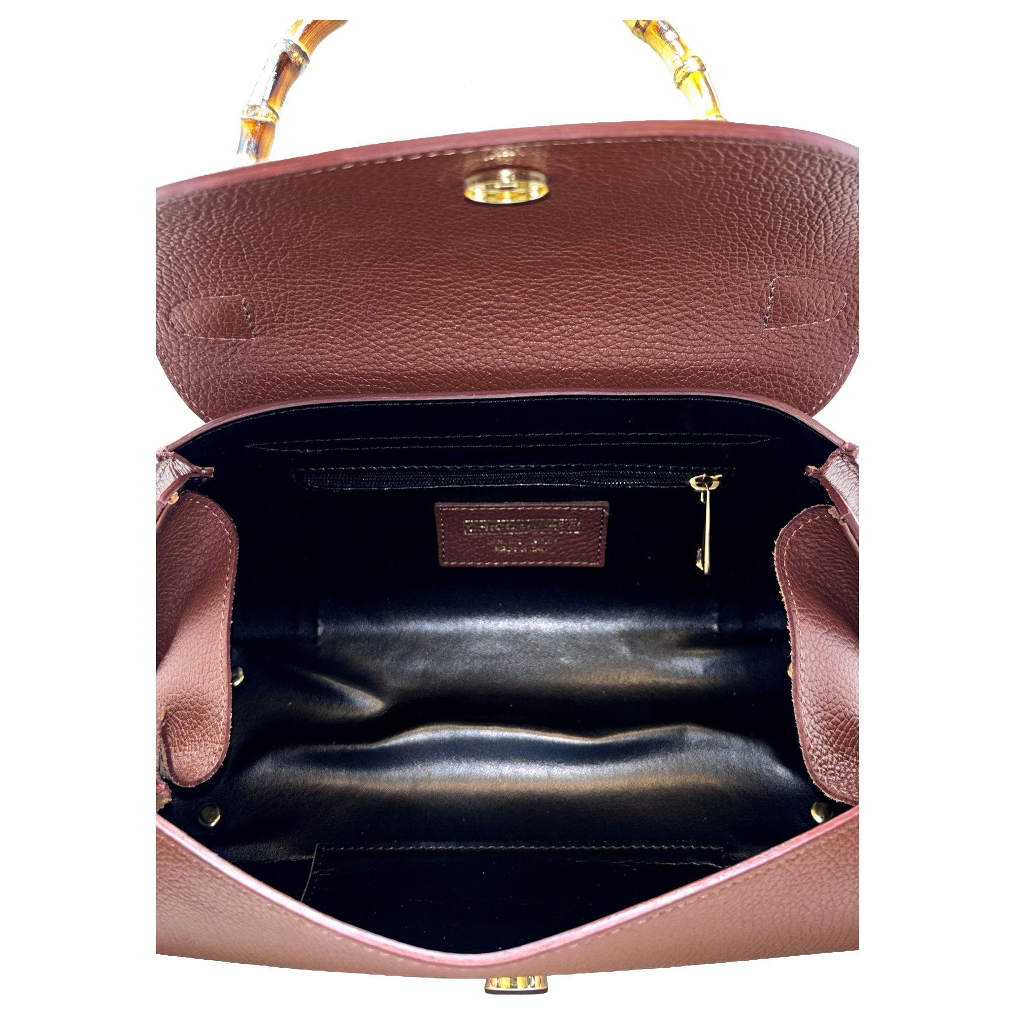 Borsa a Mano Elegante da Donna con Manico in Bambu in Pelle Martellata