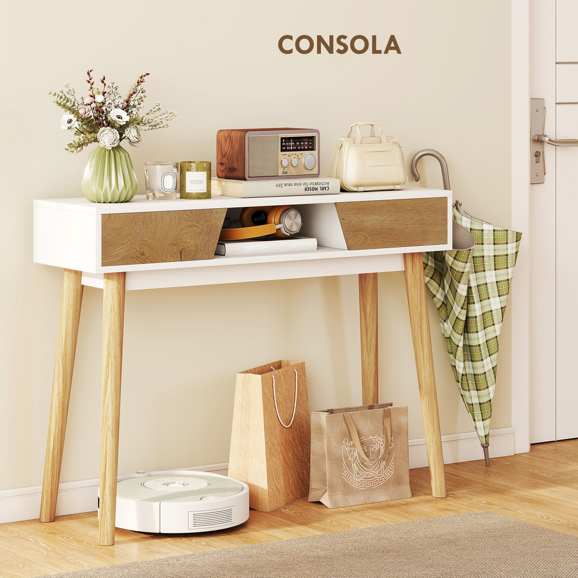 Mesa de Consola Estrecha Consola de Recibidor Mesa de Sofá Moderna con 2 Cajones Compartimento y Patas de Madera para Pasillo Entrada Salón Dormitorio Blanco