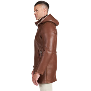 Cappotto montone cuoio Shearling uomo cappuccio staccabile