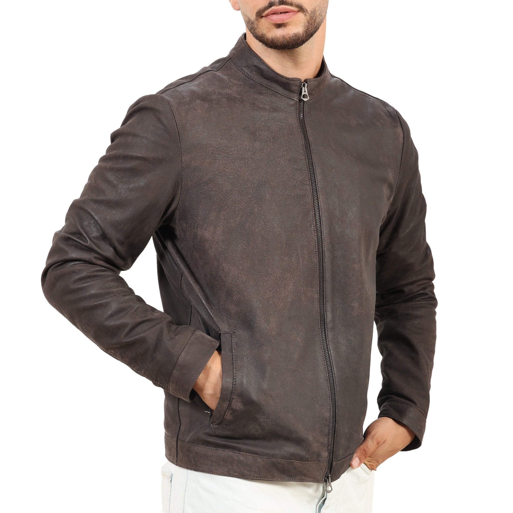 Giubbino in pelle di vitello rifinizione dakota testa di Moro-Slim Fit