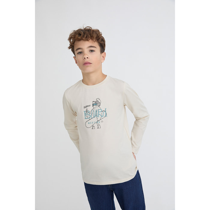 Camiseta niño crudo de manga larga, estampado de snowboard azul y gris, algodón suave | Color: Crudo | Street Monkey