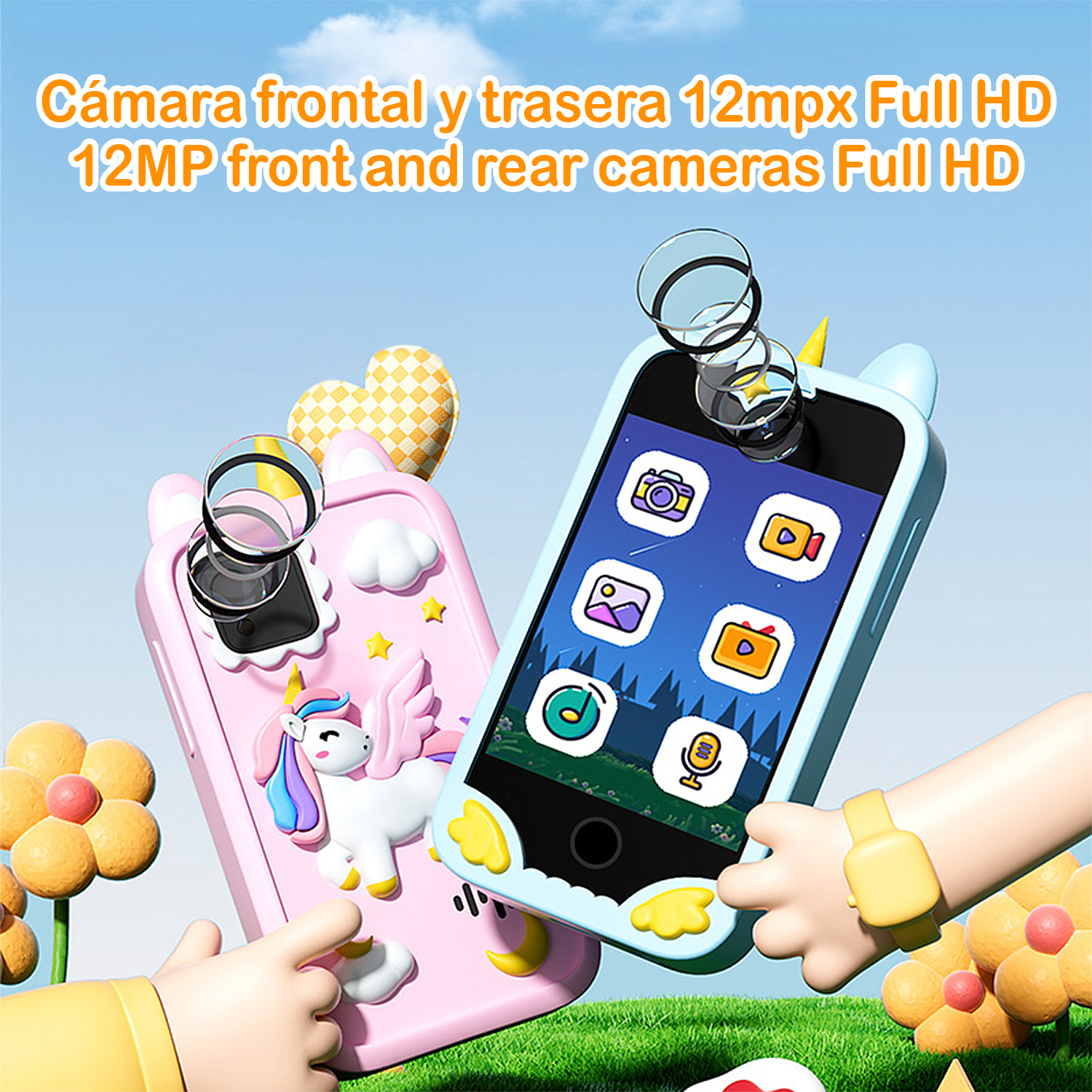 Cámara infantil K8 con forma de teléfono. Con cámara dual de hasta 12MP, video de 1080p y pantalla táctil IPS de 2.8". Con funda de silicona de unicornio.