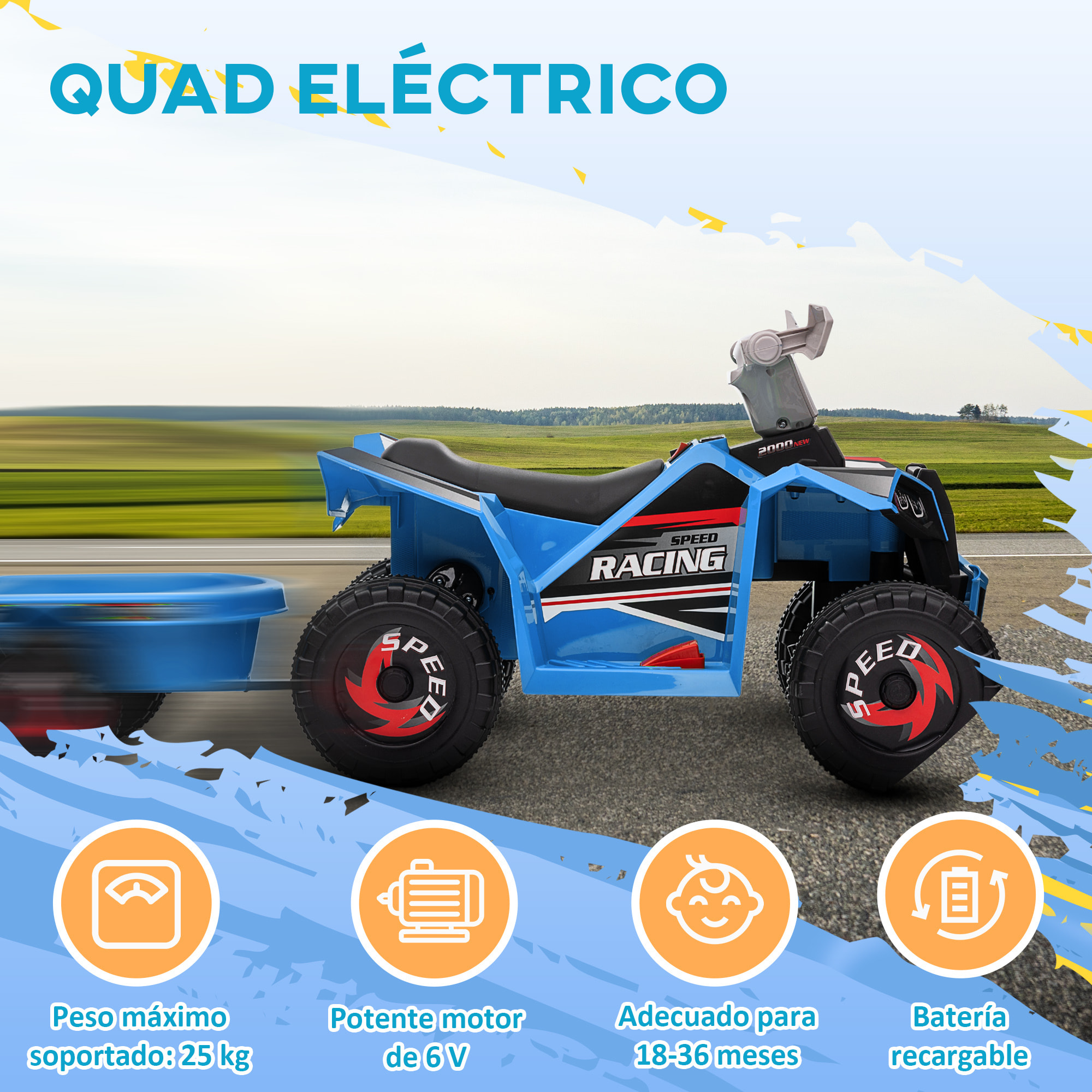 Quad Eléctrico para Niños con Remolque a Batería 6V, Quad para Niños de 18-36 Meses con Velocidad 2,5 km/h, 6 Ruedas y Manillar Antideslizante, 106x41,5x48,5 cm, Azul