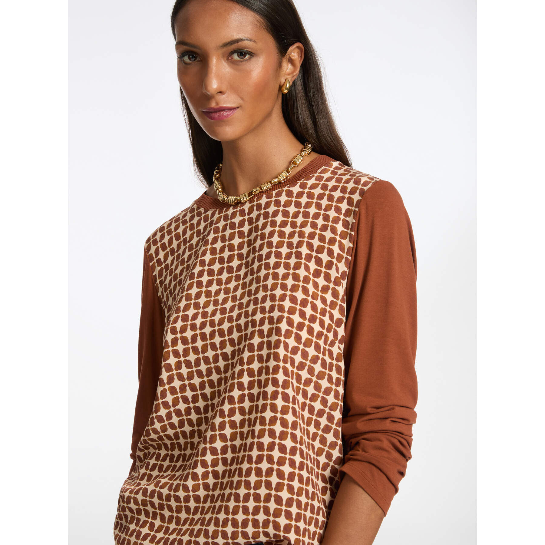 Elena Mirò - Camiseta con parte delantera de seda estampada - Marrón