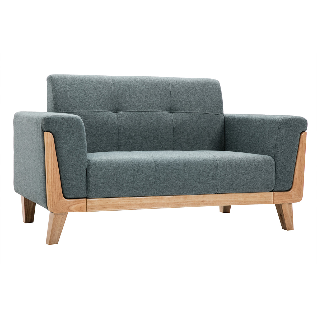 Canapé scandinave 2 places en tissu vert de gris et bois clair FJORD
