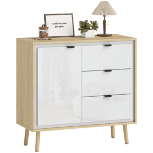 Aparador de 1 Puerta, Aparador de Salón Moderno con 3 Cajones, Estante Ajustable y Patas de Madera, para Cocina, Entrada, Dormitorio, 80x35x77 cm, Blanco Brillo y Roble