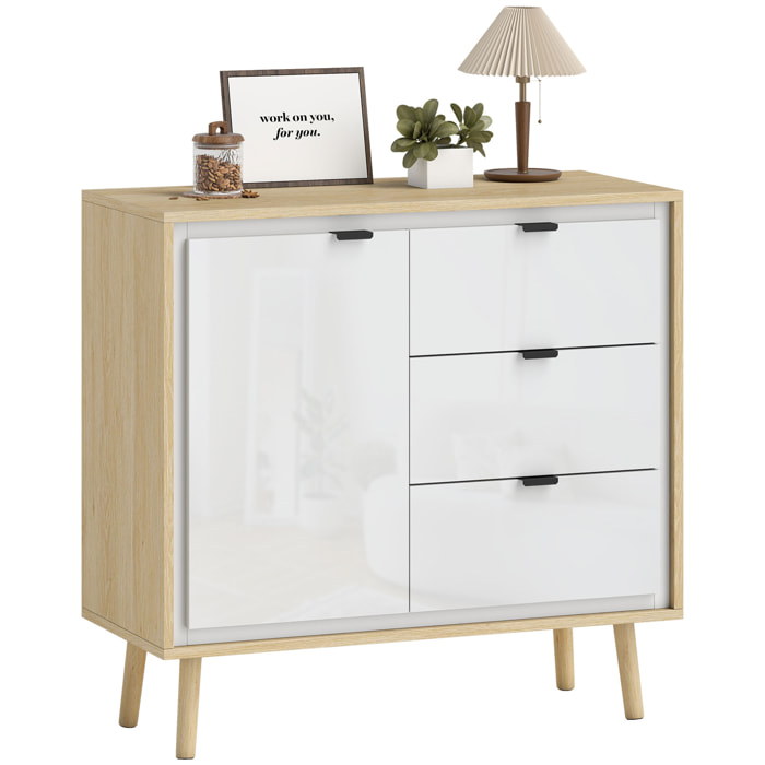 Aparador de 1 Puerta, Aparador de Salón Moderno con 3 Cajones, Estante Ajustable y Patas de Madera, para Cocina, Entrada, Dormitorio, 80x35x77 cm, Blanco Brillo y Roble