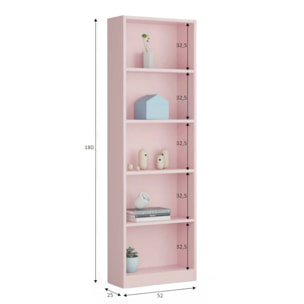 Libreria Pomona, Mobile portalibri alta a 5 ripiani, Scaffale da ufficio o cameretta, Scaffale moderno con scomparti, cm 52x25h80, Rosa