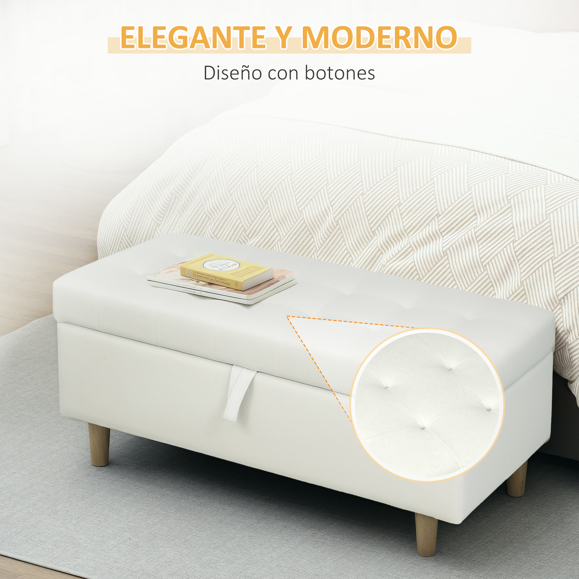 Puff Almacenaje Baúl Tapizado de Terciopelo 100x50x43 cm con Patas de Madera Capacidad 71L Soporta 240 kg Banco Almacenaje para Dormitorio Pasillo Salón Blanco Crema