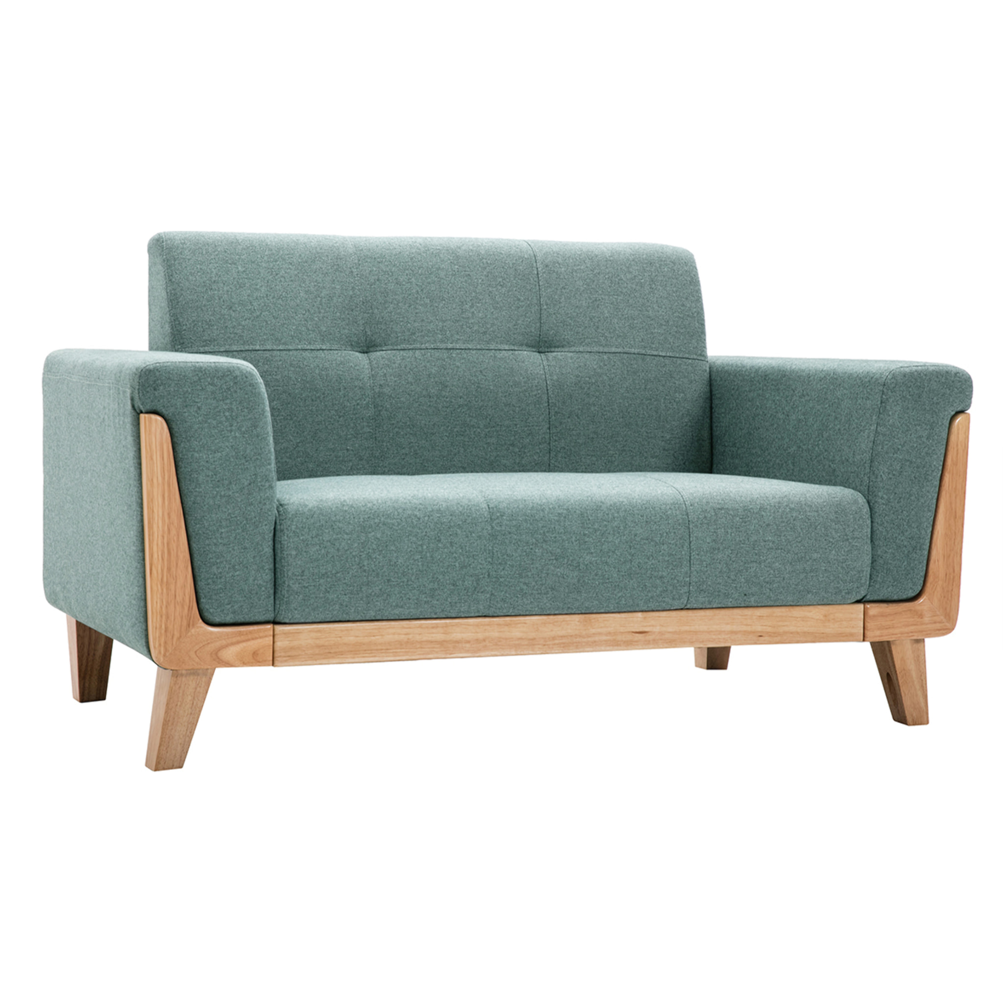 Canapé scandinave 2 places en tissu vert de gris et bois clair FJORD