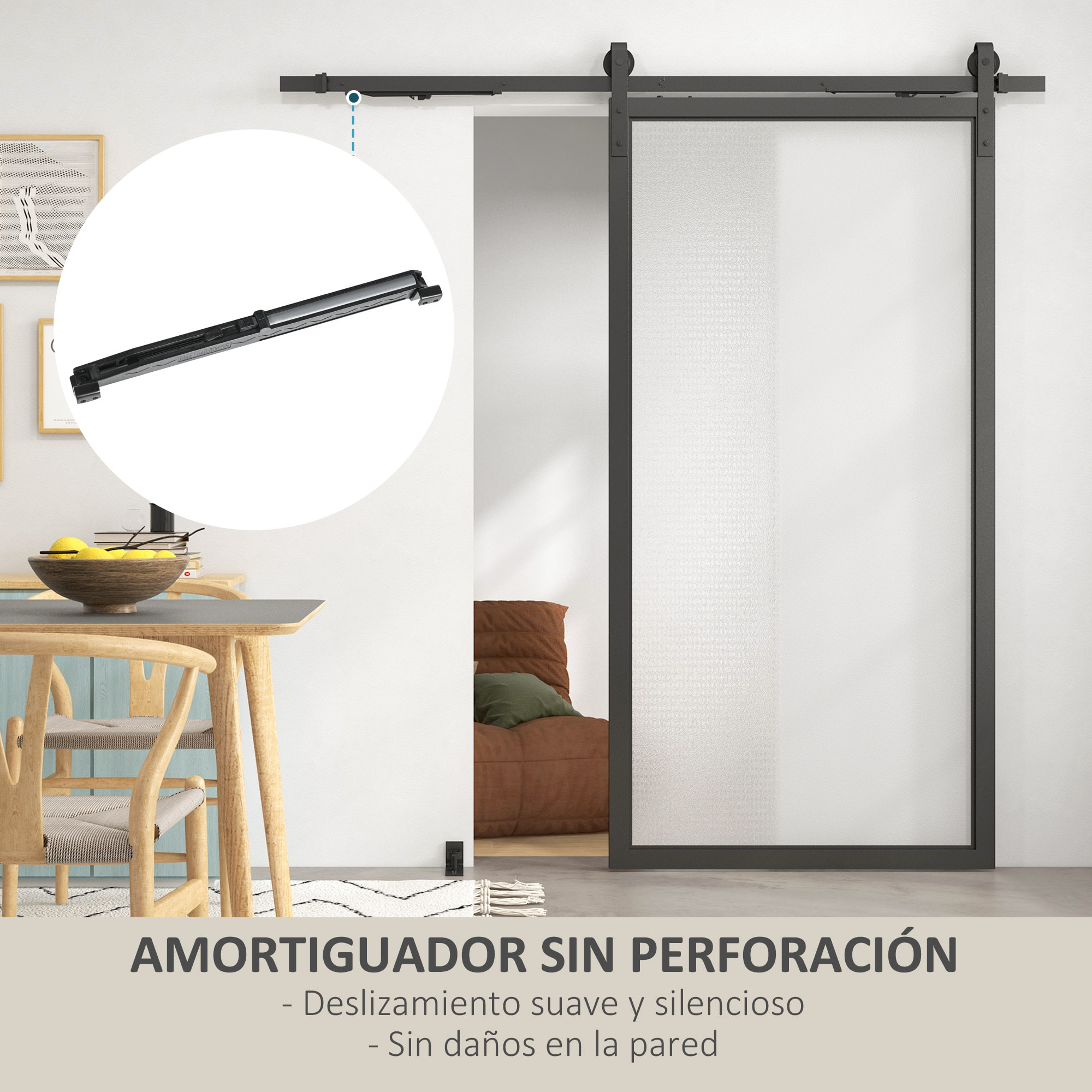 6,6FT/200cm Herrajes para Puerta Corredera con Amortiguador sin Perforación Kit de Accesorios para Puerta Corrediza con 2 Rieles para Granero Negro