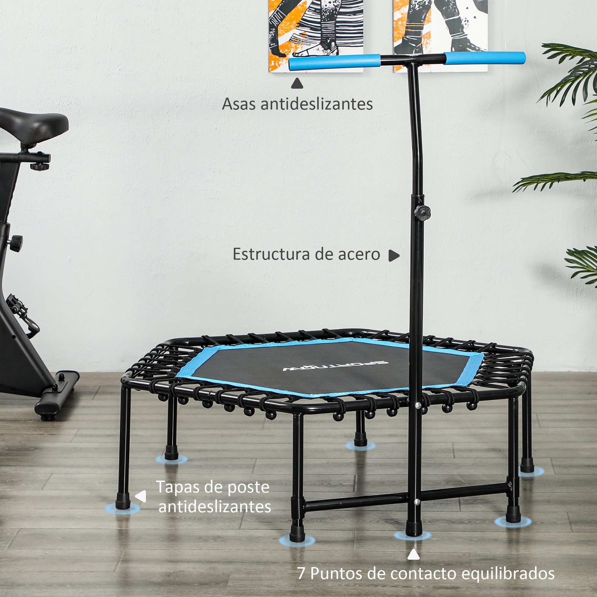 Trampolín de Fitness 114x114x132 cm Cama Elástica Fitness con Mango Ajustable de 3 Niveles Marco de Acero para Entrenamiento Piernas Cuerpo en Hogar Oficina Gimnasio Azul
