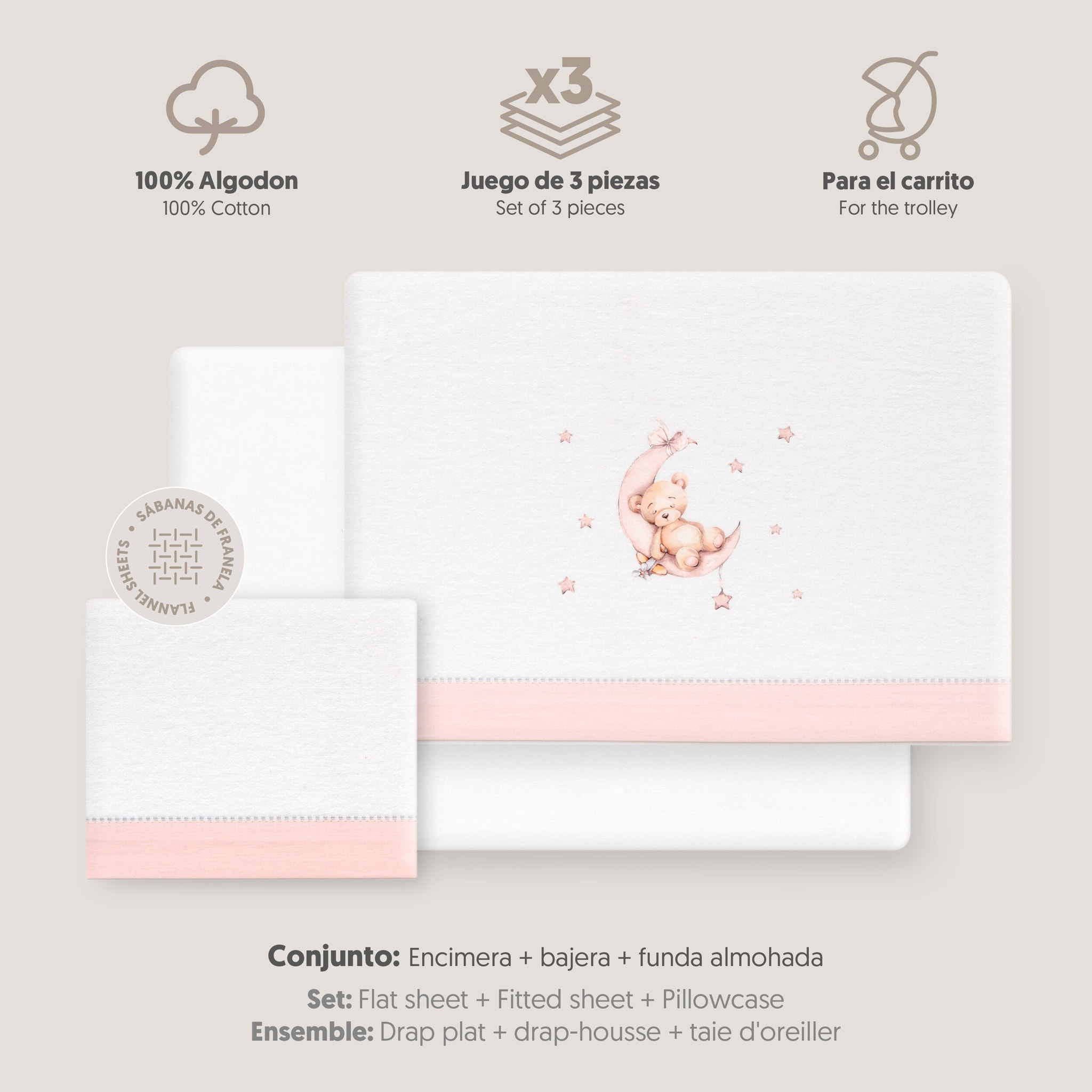 Triptico Coche Franela Estampado Oso Luna Estrellas Bco/Rosa