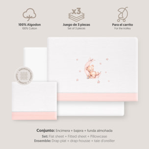 Triptico Coche Franela Estampado Oso Luna Estrellas Bco/Rosa