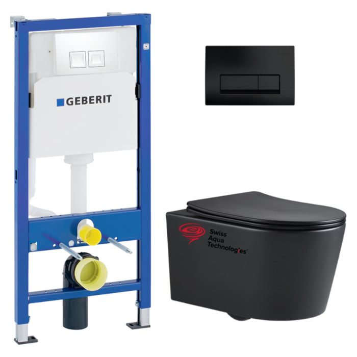 Pack WC sans bride SAT Noir mat + Abattant softclose + Bâti support Geberit UP100 + Plaque Noir mat
