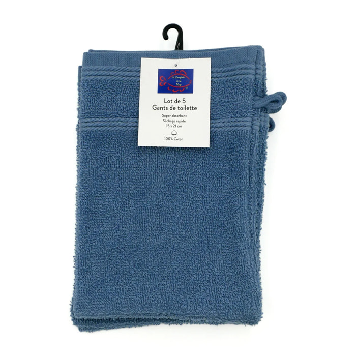 Lot de 5 gants de toilette - Bleu - 15x21cm
