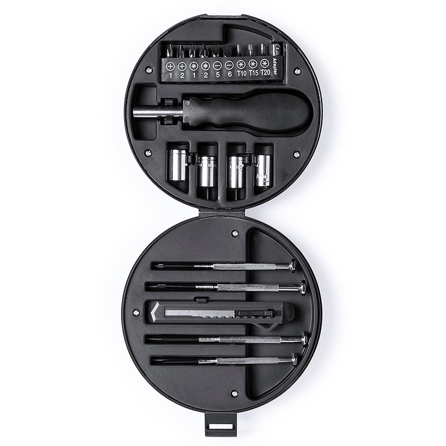 Set de herramientas Wheels, con 20 accesorios en estuche resistente con diseño de rueda.