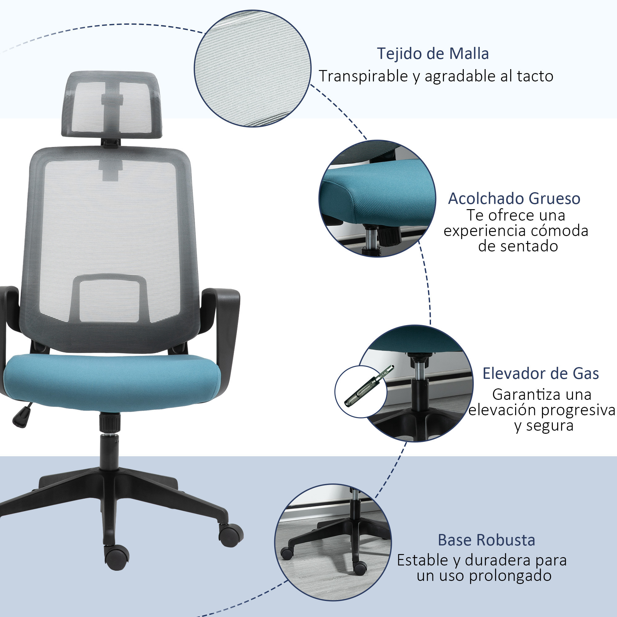 Vinsetto Silla de Oficina Ergonómica Silla Escritorio Giratoria con Altura Ajustable Soporte Lumbar Reposabrazos y Reposacabezas Regulable Malla Transpirable 63,5x63x116,5-125,5 cm Azul y Gris