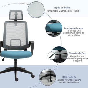 Vinsetto Silla de Oficina Ergonómica Silla Escritorio Giratoria con Altura Ajustable Soporte Lumbar Reposabrazos y Reposacabezas Regulable Malla Transpirable 63,5x63x116,5-125,5 cm Azul y Gris