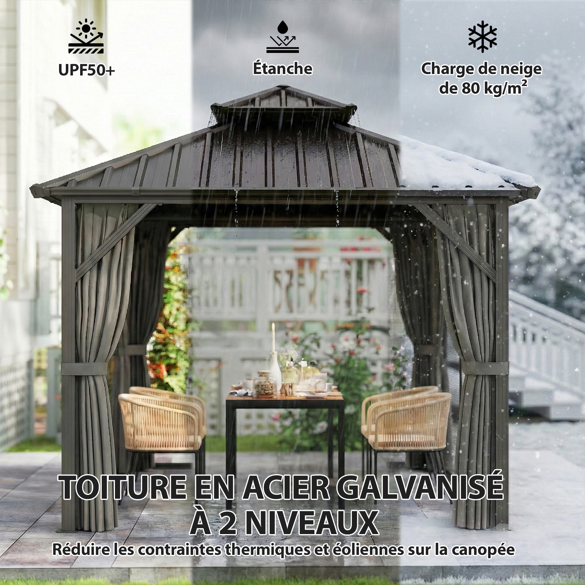 Pavillon de jardin  toit rigide - rideaux et moustiquaire - alu et acier - 3x3m - gris foncé